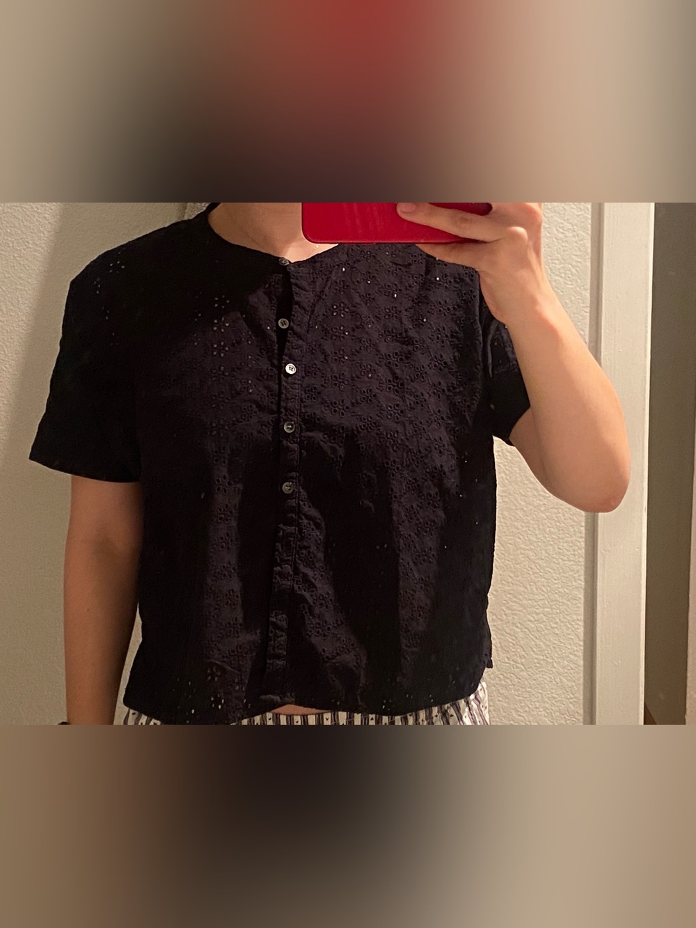 Madewell Black Eyelet Button-Front Short Sleeve Top